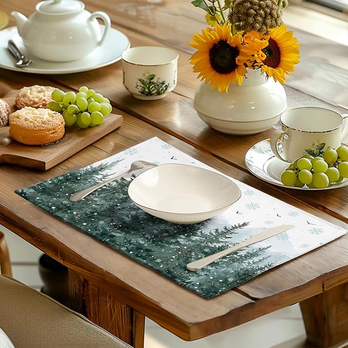 Winter Pine Tree Snowflake Placemats Set of 4 Christmas Snow Green Forest Place Mat 12x18 Inch Seasonal Xmas Holiday Rustic Nature Washable Fabric Table Mats for Farmhouse Kitchen Dining Decoration-Ruum Studio Home