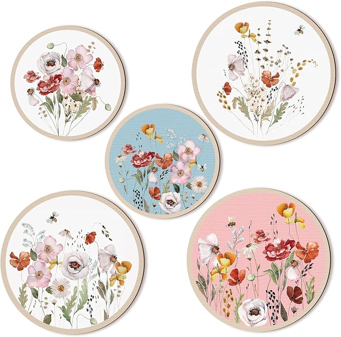 Qunclay 5 Pcs Wall Art Decor Wooden Living Room Wall Decor Bohemian Hanging Farmhouse Geometric 10'' and 8'' Aesthetic Wood Minimalist Posters for Bedroom(Wild Flower)-Ruum Studio Home