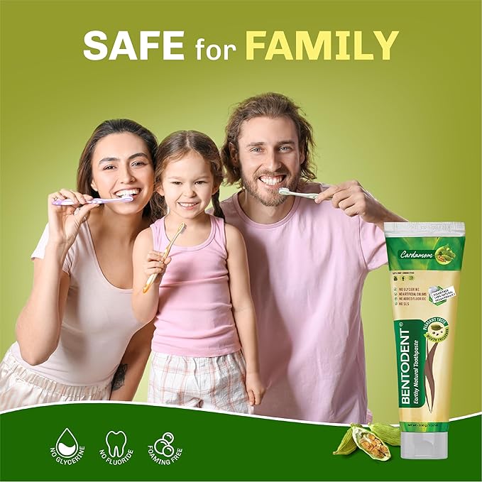 BENTODENT Fluoride Free Remineralizing Calcium Bentonite Clay Toothpaste - Cardamom Flavor Natural Toothpaste, Mint-Free, 3.52 oz - Ideal for Sensitive Teeth & Whitening with Toothbrush-Ruum Studio Home