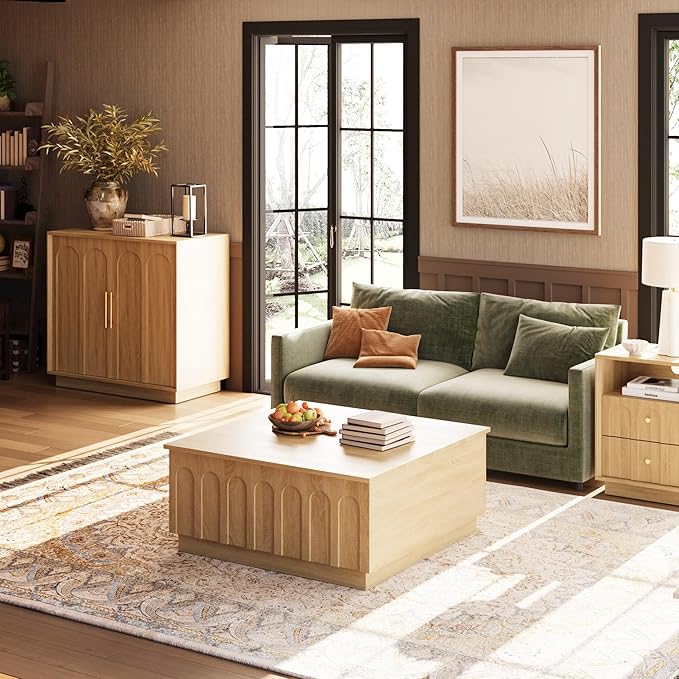 Lift Top Coffee Table with Storage, Modern Coffee Table with Arched Design, 31.5" Square Tea Table with Wood Grain, Boho Multifunctional Center Table for Living Room, Office, Oak-Ruum Studio Home