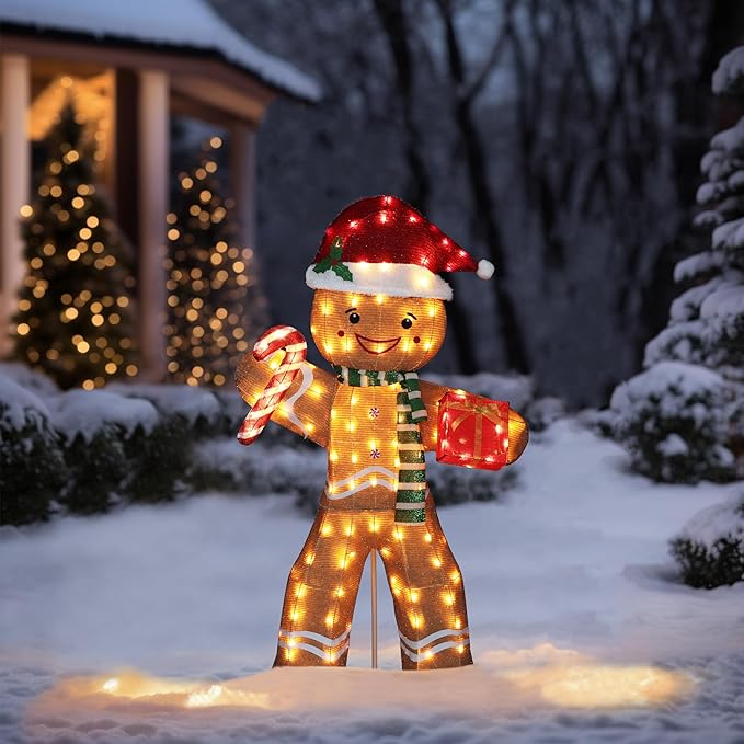 5FT Gingerbread Man with Candy Cane and Gift Box Decoration, 2.5D Pre-Lit Gingerbread Man Decor with 120 LED Lights for Christmas, Freestanding Glittered Holiday Display for Outdoor, Indoor-Ruum Studio Home