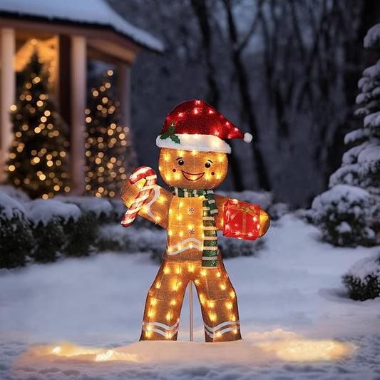 5FT Gingerbread Man with Candy Cane and Gift Box Decoration, 2.5D Pre-Lit Gingerbread Man Decor with 120 LED Lights for Christmas, Freestanding Glittered Holiday Display for Outdoor, Indoor-Ruum Studio Home