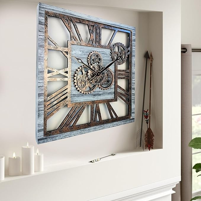 The Gears Clock 24'' Inch Square Real Moving Gear Wall Clock Vintage Industrial Oversized Rustic Farmhouse (Silver Grey)-Ruum Studio Home