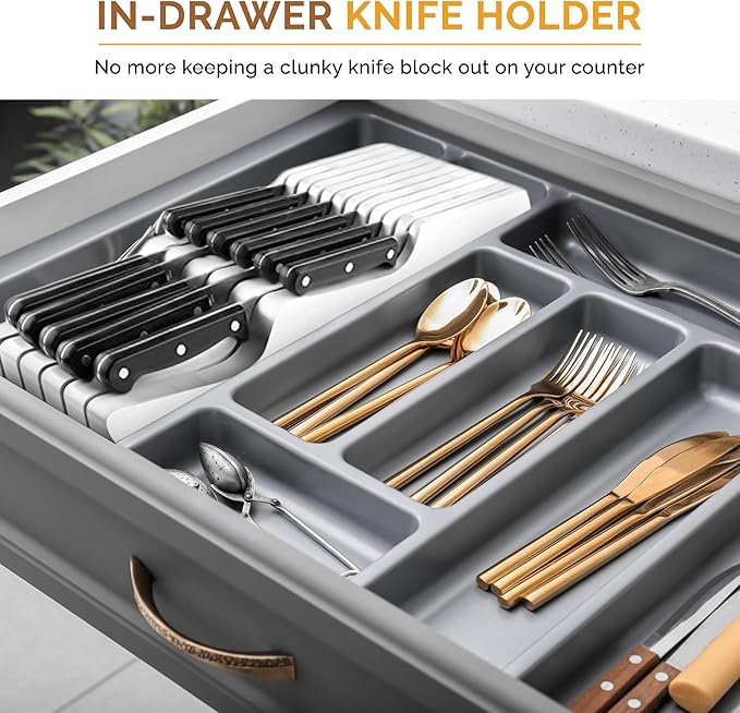 In-Drawer Knife Block Organizer - Bamboo Wood Drawer Knife Organizer - Holds 5 Long + 6 Short Knives (Not Included) - Store Knives with Blades Pointing Down-Ruum Studio Home