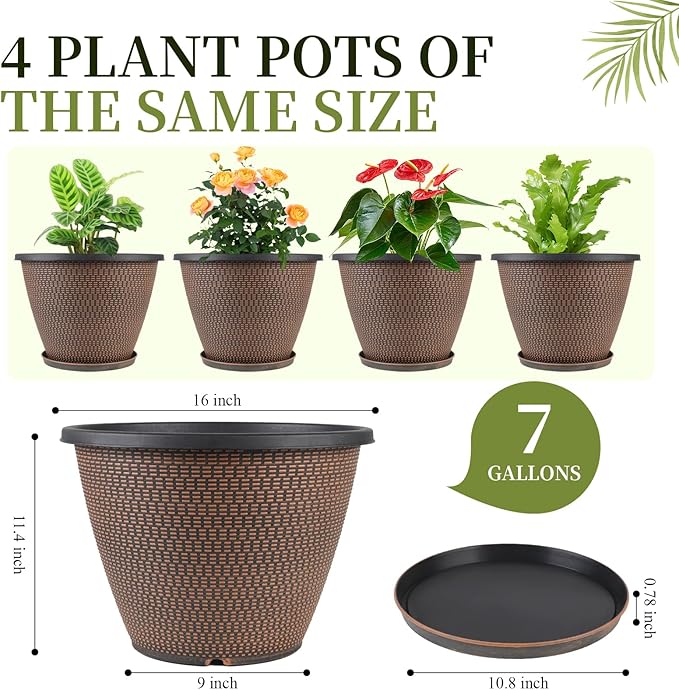 16 inch Plant Pots, Large Planters for Outdoor Plants Set of 4, Round Plastic Flower Pots with Drainage Holes & Trays, Modern Decorative Indoor Garden Pot, Plant Container for House (Black Copper)-Ruum Studio Home