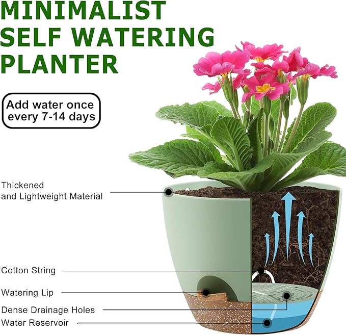 Plant Pots 10/9/8/7.5/7 Inch Self Watering Pots, Set of 5 Plastic Planters with Drainage Holes and Saucers,Plastic Flower Pots,Nursery Planting Pot for Indoor Out Door Plants（Green）-Ruum Studio Home