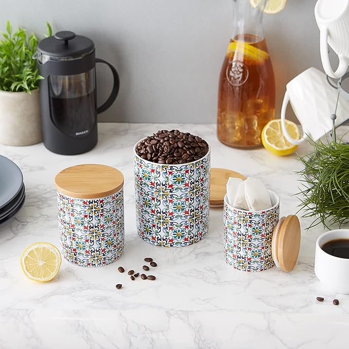DII Kitchen Ceramics Collection Canister Set, Floral Tile, 3 Piece-Ruum Studio Home