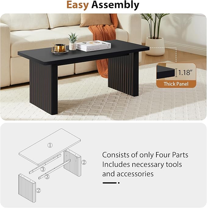 Rectangular Fluted Coffee Table, Farmhouse Wood Coffee Table Mid Century Modern Center Table Boho Living Room Tables for Living Room Office (Black, 19.69" D x 43.3" W x 17.72" H)-Ruum Studio Home