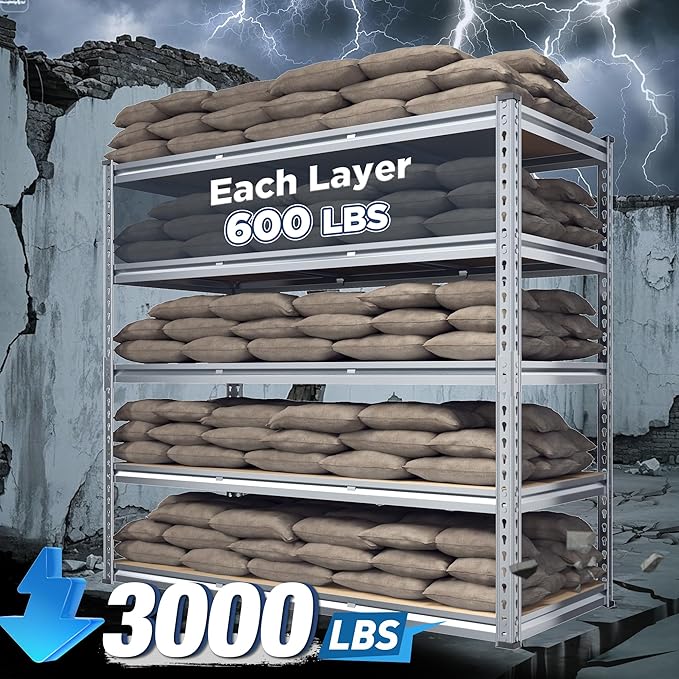 REIBII Garage Shelving, 5 Tier Storage Shelves Load 3000LBS, Adjustable Garage Shelving Heavy Duty, Metal Shelves Unit for Basement, Warehouse, 48" W x 72" H x 18" D, Galvanized-Ruum Studio Home