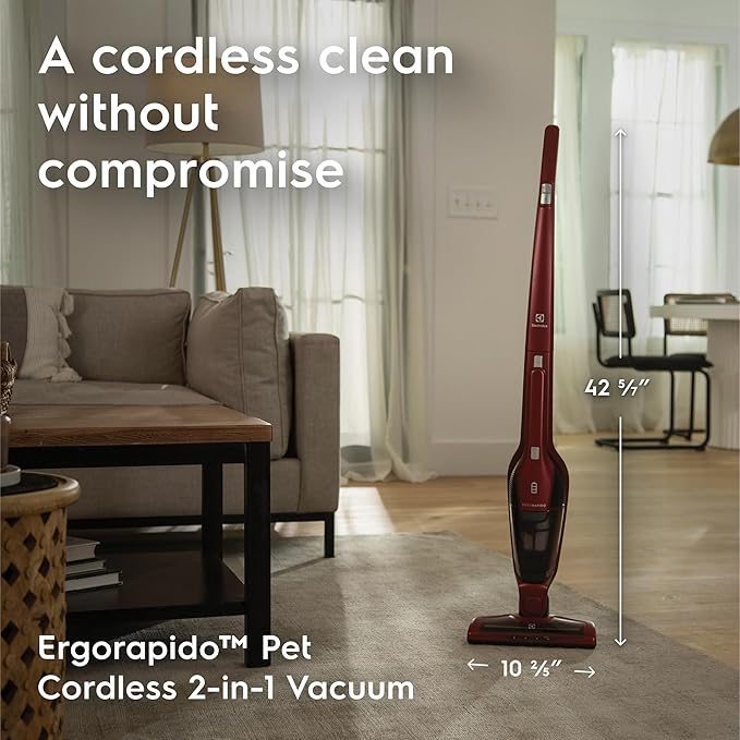 Electrolux Ergorapido Pet Cordless 2-in-1 Vacuum Cleaner with Motorized Pet Nozzle for Easy Pet Hair Removal, 48-Minute Run Time, 2 Power Modes, Chili Red-Ruum Studio Home