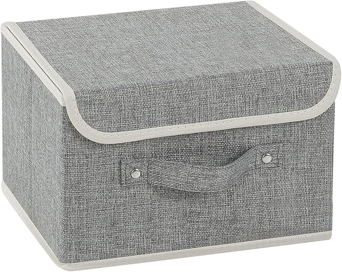 Storage Boxes, Collapsible Storage Bins with Lids, Cotton and linen cloth Storage Baskets with Handle, for Books, Closet, Bedroom, Home, 10.2x7.9x6.7 in, Grey-Ruum Studio Home
