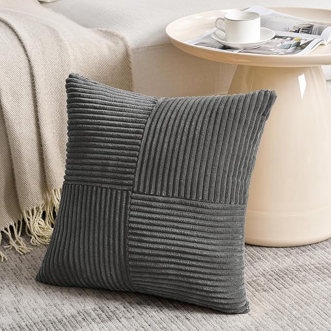 Fancy Homi 2 Packs Dark Gray Samll Decorative Throw Pillow Covers 14x14 Inch with for Couch Bed Sofa, Rustic Farmhouse Boho Home Decor, Soft Corss Patchwork Corduroy Square Cushion Case 35x35 cm-Ruum Studio Home