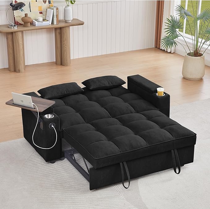 66" Multi-Functional Pull-Out Sofa Bed with Hidden Side Table, Storage Armrests, Built-in Charging Port, Spring Mattress, Solid Wood Frame – Ideal for Small Spaces, Easy Assembly-Ruum Studio Home