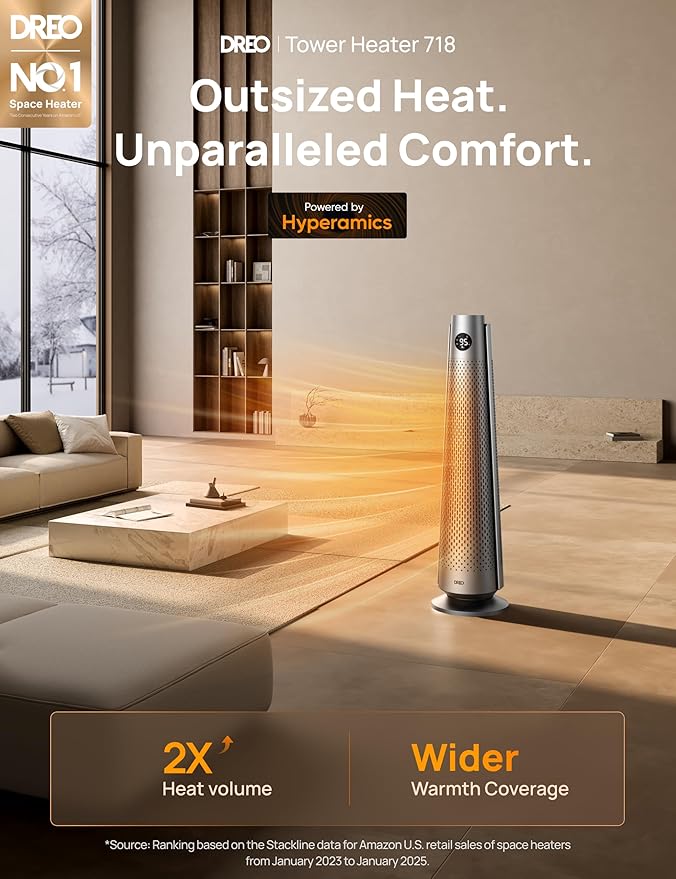 Dreo Space Heater Indoor, 30" Electric Heaters with Remote, 120° Oscillation, Adjustable Thermostat, 5 Heat & 3 Fan levels, 8 Safety Protections, 25dB Quiet, 1-12H Timer, Large Room Bedroom, Silver-Ruum Studio Home