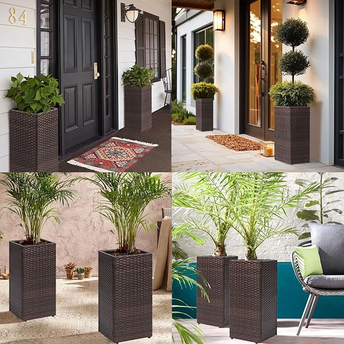 LEWIS&WAYNE Set of 2 Tall Planters for Outdoor Plants Handmade 24'' Wicker Tall Square Planter Box with Removable Liners Modern Planter for Indoor Outdoor Garden Patio Front Porch - Brown-Ruum Studio Home