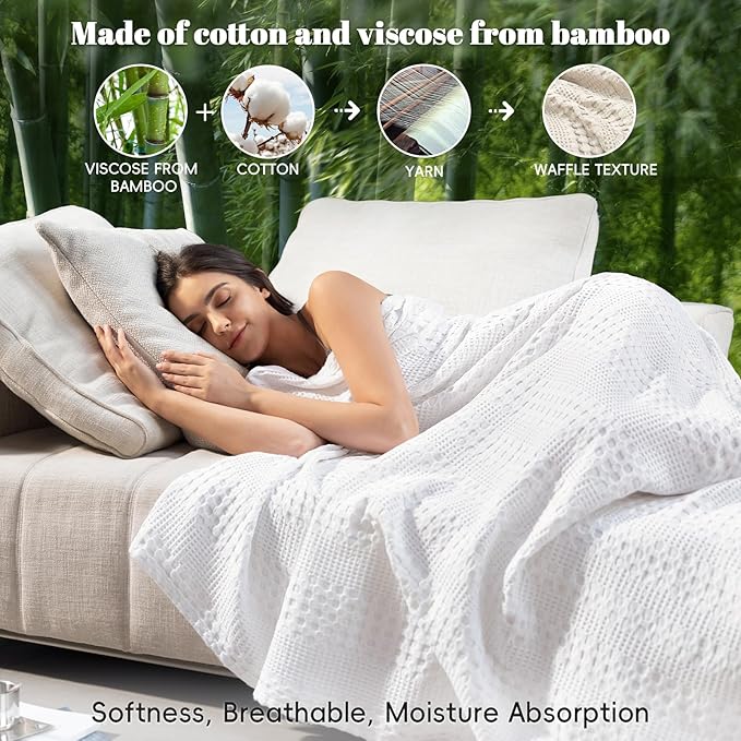 PHF Cooling Waffle Blanket Twin Size, Lightweight 60% Rayon Derived Bamboo & 40% Cotton Breathable Blanket for Hot Sleepers, Soft and Luxury for Bed Couch and Sofa, 66"x90", White-Ruum Studio Home