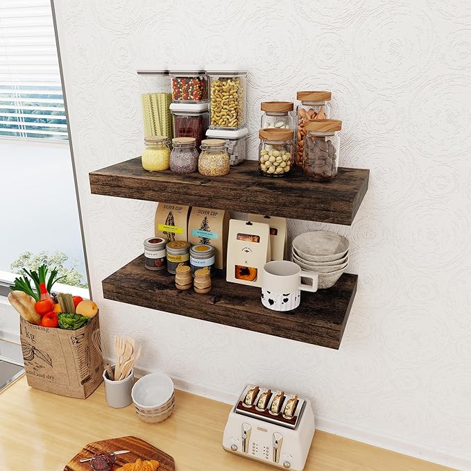 12 Inch Deep Floating Shelves, 24 x 12 Floating Shelf for Books, Rustic Wood Deep Wall Shelves for Home Storage & Display, 2" Thicked Shelves for Kitchen, Living Room, Bedroom, Rustic Brown, 2 Pack-Ruum Studio Home