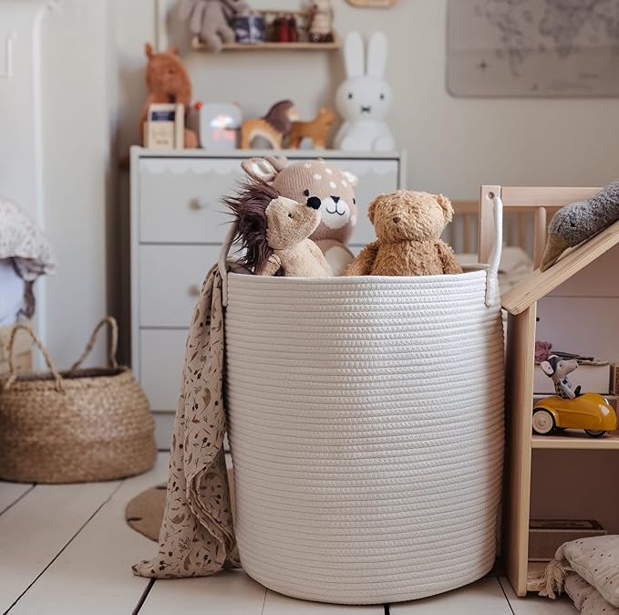 OrganiHaus White Laundry Basket 15x18, Cotton Rope Basket for Blankets, Tall Woven Baskets for Storage, Large Basket for Toys, Soft Blanket Holder Bin, Boho Blanket Basket for Living Room-Ruum Studio Home