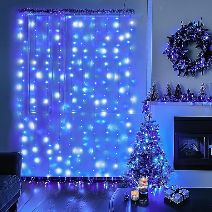 JMEXSUSS 300LED Christmas Curtain Lights Plug in with Remote, Blue and White Christmas Lights Indoor Outdoor, 8 Modes Hanging Fairy String Lights for Bedroom Window Wall Yard Patio Decor, 9.8x9.8ft-Ruum Studio Home