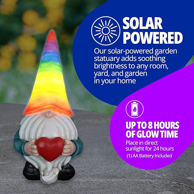 Exhart Garden Gnome, Solar Garden Gnome Statue with Heart, LED Rainbow Hat, Cute Outdoor Garden Decoration, 6 x 12.5 Inch, Multicolor, Resin-Ruum Studio Home