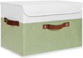 ANMINY Storage Boxes with Lids Washable Decorative Storage Bins Basket with PU Leather Handle Foldable Linen Fabric Storage Cubes Containers for Home Closet Organizer - Green White, Large Size-Ruum Studio Home