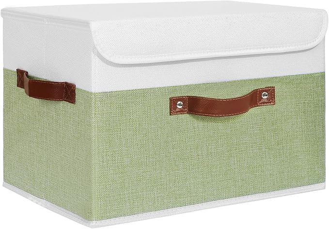 ANMINY Storage Boxes with Lids Washable Decorative Storage Bins Basket with PU Leather Handle Foldable Linen Fabric Storage Cubes Containers for Home Closet Organizer - Green White, Large Size-Ruum Studio Home