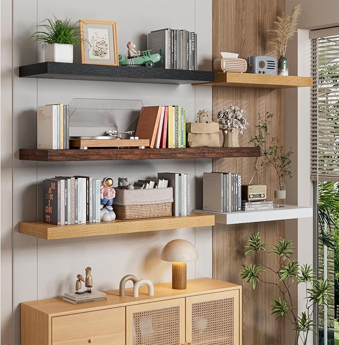 Heimlove 12" Deep Floating Shelves for Wall, 24 Inch Wall Shelf Bathroom Shelves Set of 2, Wall Mounted Shelves for Books Living Room Laundry Room Bedroom Kitchen Home Office, Oak-Ruum Studio Home