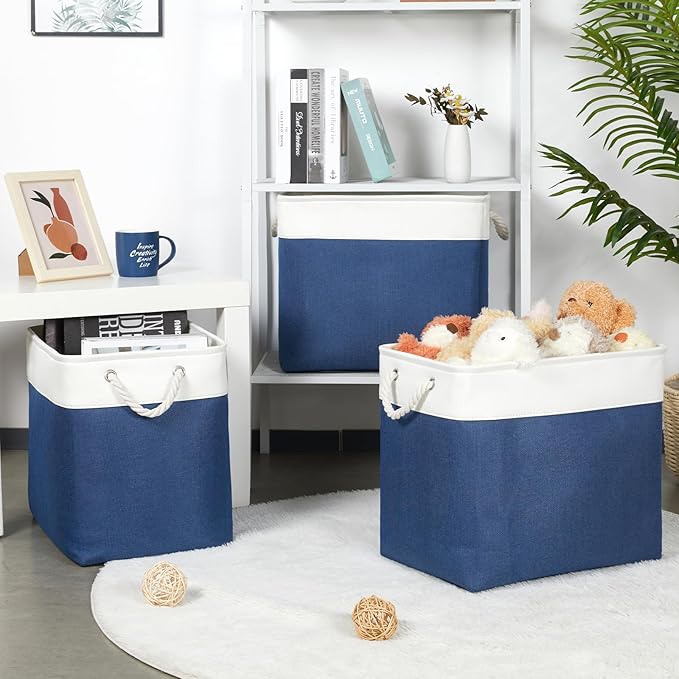 Bidtakay Extra Large Storage Baskets for Shelves 3 Pack Fabric Storage Bins for Organizing Linen Collapsible Organizer for Closet-White&Blue-Ruum Studio Home