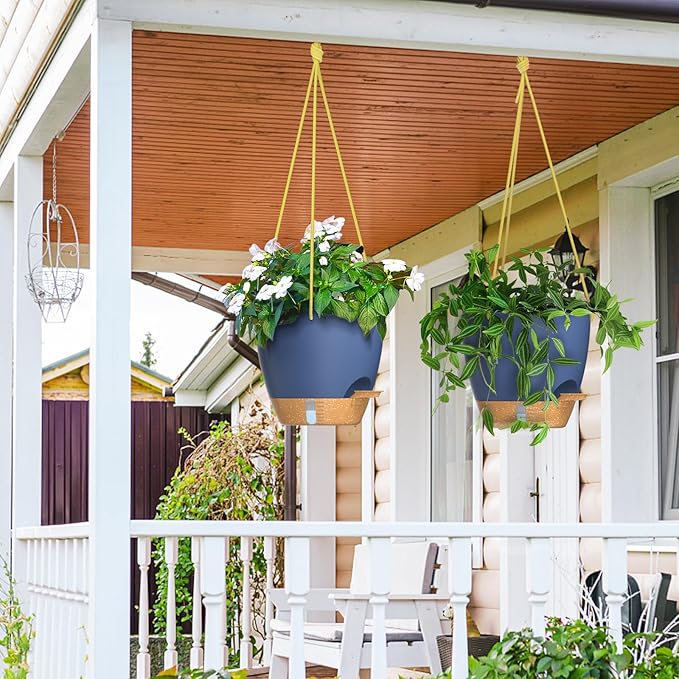 ZMTECH 10 Inch Hanging Planters for Indoor Outdoor Plants, 2 Pack Self Watering Hanging Plant Pots with Drainage Holes and Removable Saucer, Plastic Flower Hanging Pots with Watering Lip (Blue)-Ruum Studio Home