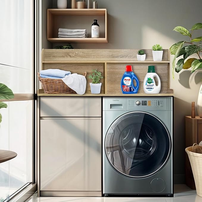 Royxen 2-Tier Washer Dryer Countertop,19.5"H Wood Washer and Dryer Topper with Shelf,Laundry Countertop Over Washer and Dryer, Universal Fit for Laundry Room Organization (White Oak, 54"W X 27.5"D)-Ruum Studio Home