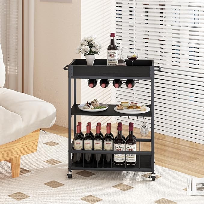 Bar Cart Serving Wine 3 Tier Home Rolling Rack with Wheels Mobile Kitchen Industrial Vintage Style Wood Metal Serving Trolley Serving Cart, Drink Cart for Living Room Kitchen-Ruum Studio Home