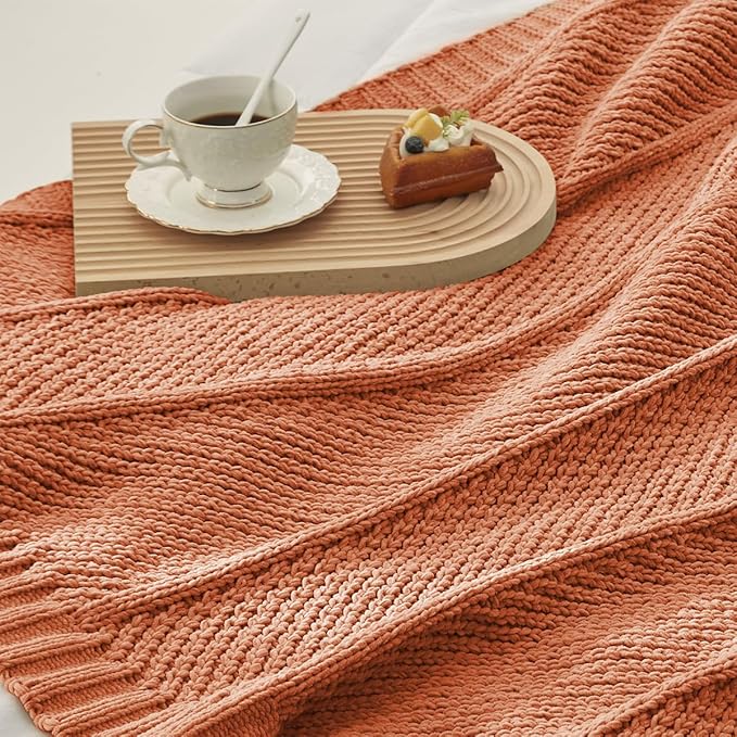 Amélie Home Chenille Knit Throw Blanket for Couch, Chevron Texture Decorative Soft Blanket for Sofa, Bed & Chair, 50"x60", Burnt Orange-Ruum Studio Home