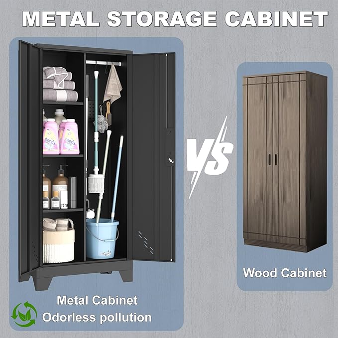 Metal Storage Cabinet with Locking Doors, 61" Tall Garage with Hanging Rod, Broom Closet, Freestanding Bathroom Storage Cabinet, Cleaning Tool,Black-Ruum Studio Home
