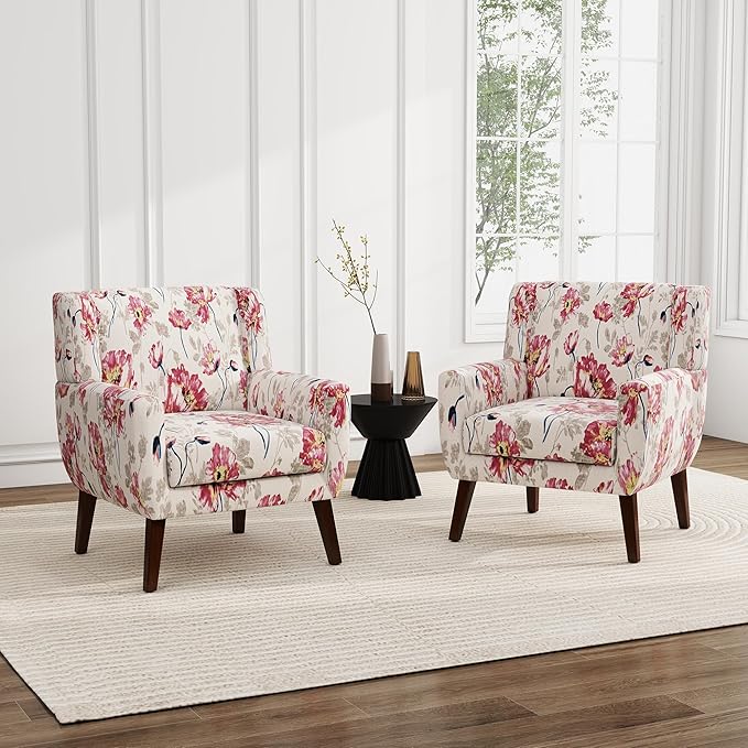 UIXE Floral Accent Chair, Modern Upholstered Armchair in Fabric for Living Room, Comfy Club Arm Chairs Single Sofa Button Tufted Bedroom Reading Seat - Pattern White, Set of 2-Ruum Studio Home