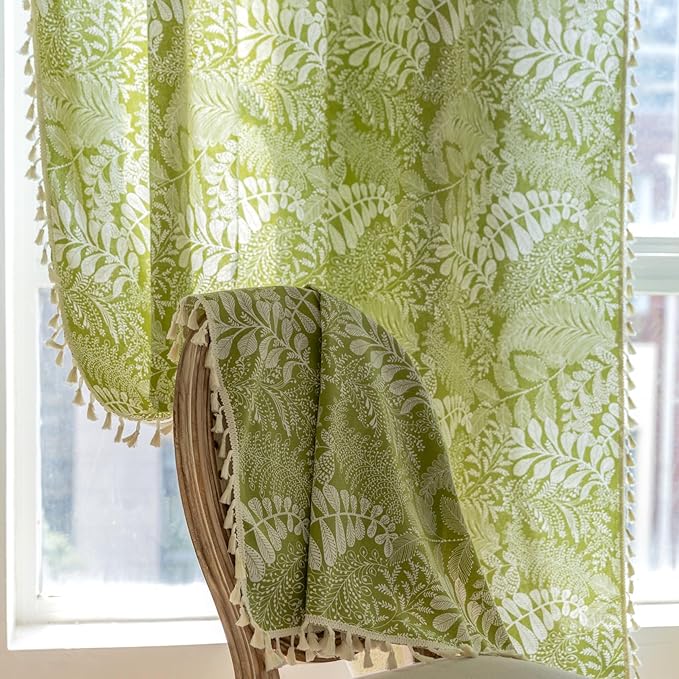 Sutuo Home Boho Curtains 84 Inches Length for Bedroom Living Room, Printed Cotton Linen Rod Pocket Rustic Farmhouse Bohemian Tassels Window Treatment, 1 Panel 59" W x 84" L, Green Botanic Leaves-Ruum Studio Home