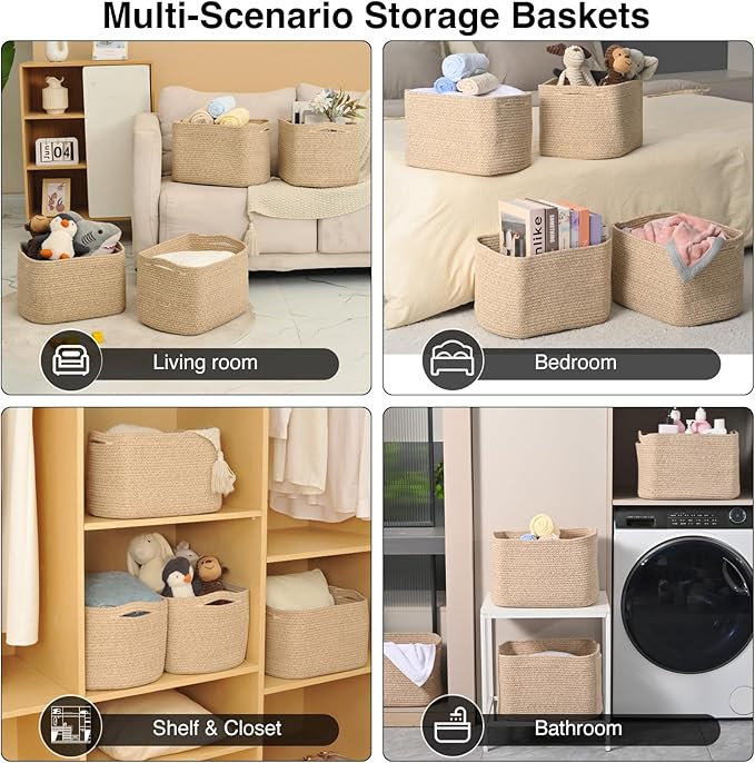 Storage Baskets for Organizing & Shelves, Woven Cotton Rope Organization Bins for Dog Toys, Clothes, Books, Nursery Organizer, 15" Lx11''Wx9.5''H, (4 Packs) Brown-Ruum Studio Home