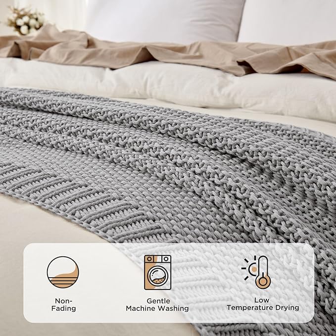 Joydeco Chunky Cable Knit Throw Blanket, Lightweight 100% Cotton Soft Cozy Throw Twin Blanket for Couch Bed and Sofa, Rustic Breathable Farmhouse Blanket Gift for Women Men(Grey, 51"x63")-Ruum Studio Home