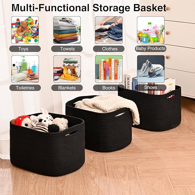 Black Storage Baskets for Organizing Shelves, Toy Basket for Nursery, Woven Cotton Rope Basket for Decor, Towel Baskets for Bathroom, 15"x11"x9.5", 3 Packs, Black-Ruum Studio Home