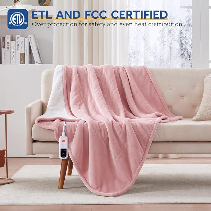 Sealy Electric Blanket Throw Size 50"*60",Super Cozy Flannel to Sherpa Reversible Heated Blanket Throw with 6 Heating Levels & 2-10 Hours Auto Off Overheating Protection Machine Washable,Pink-Ruum Studio Home