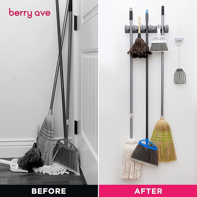 Berry Ave Broom Holder & Wall Mount Garden Tool Organizer- Kitchen, Closet, Garage & Laundry Room Storage With 5 Slots And 6 Hooks- Wall Holder For Broom, Rake & Mop Handles Up To 1.25” [Gray, 2 Pack]-Ruum Studio Home
