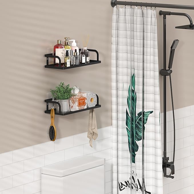 PUSDON Hanging Storage Baskets Organizer Wall Mount, Metal Wire Storage Bin Rack for Kitchen Bathroom Shower Spice Shelf Home Decor Essentials Black-2 Packs (Hollowout)-Ruum Studio Home