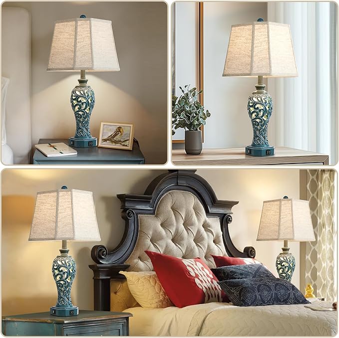 25'' Farmhouse Table Lamps Set of 2 for Living Room Bedroom, 2 USB Ports Coastal Vintage Table Lamp with Nightlight, Blue Green Hollow Out Resin Lamp for End Table (Bulbs Included)-Ruum Studio Home