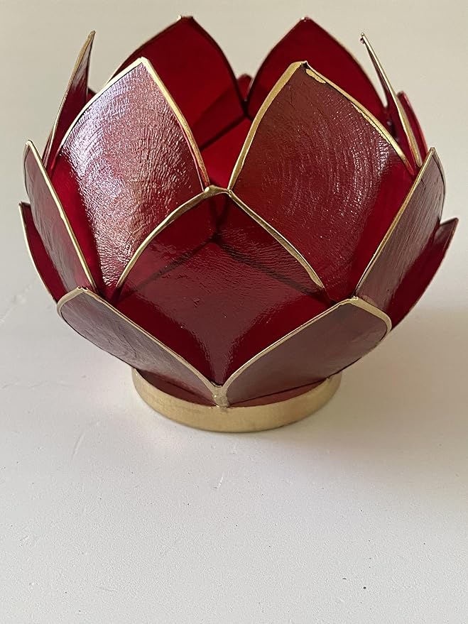Blooming Lotus Capiz Shell Tealight Candle Holder, Handcrafted Decorative Tea Light Candleholder with Translucent Flower Petals for Ambient Illumination and Natural Elegance, Red-Ruum Studio Home