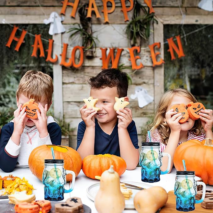 Halloween Cups Set of 4 - Blue Skull Glass Drinking Jar with Lids and Straws - Halloween Decor, Drinking Glasses 16 oz-Ruum Studio Home