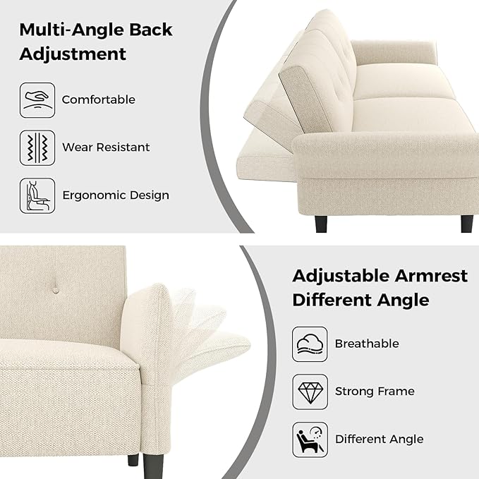 89” Futon Sofa Bed, Linen Comfy Futon Couch Bed with 2 Square Pillows, Convertible Sleeper Sofa with Adjustable Backrest& Armrests, Modern Loveseat Sleeper for Living Room, Bedroom, White-Ruum Studio Home