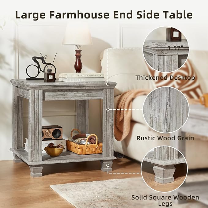 Farmhouse End Table,Large Side Table with 2-Tier Storage Shelf,Rustic Wood End Tables for Living Room,Square Tea Table,Gray-Ruum Studio Home