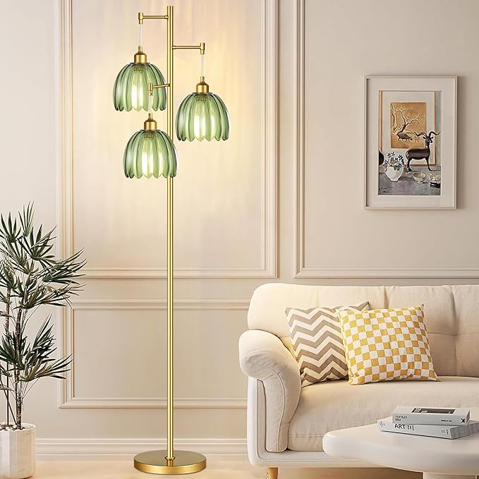 Gold Floor Lamp for Living Room,Bedroom,Mid Century Modern Standing Lamp Brass Tree 3 Light Tall Floor Lamps Vintage Retro Floor Lights Glass Green Flower Lamp Shade Farmhouse Boho Bohemian-Ruum Studio Home