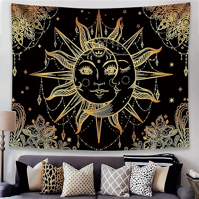 Lunerfex Hippie Sun and Moon Tapestry Bohemian Tapestry Aesthetic Cute Tapestries for Bedroom and Living Room Decor Sun 50×60 Inches-Ruum Studio Home