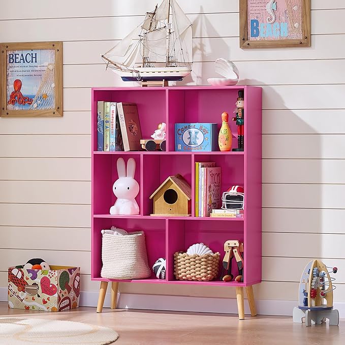 LEYAOYAO 7 Cube Bookshelf,3 Tier Book Shelf with Legs,Pink Modern Bookshelf,Large Freestanding Open Toy Modern Bookshelves,Display Bookcases Decor Furniture for Nursery-Ruum Studio Home