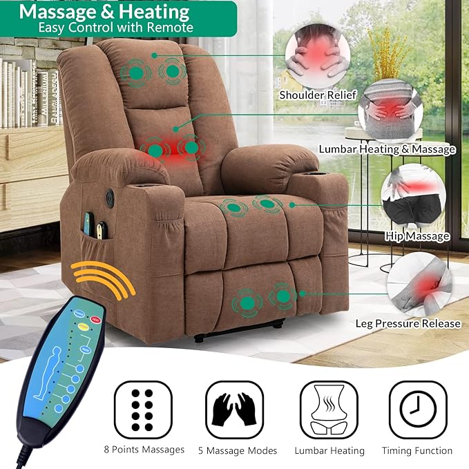 VIVIJASON Power Lift Chair Electric Recliner for Elderly Heated Vibration Massage Fabric Recliner Chair with 2 Remote Controls, Cup Holders, Side Pockets & USB Ports for Living Room (Coffee)-Ruum Studio Home